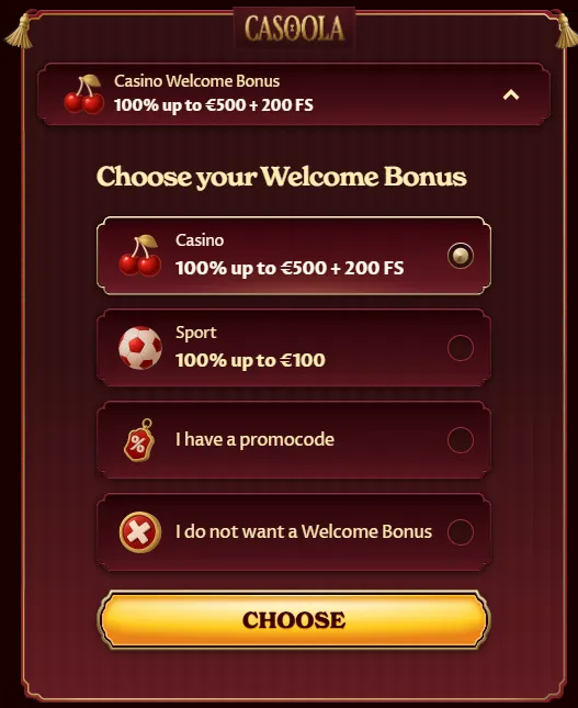 Casoola Casino scherm om welkomstbonus te kiezen: casino, sport, promocode of geen bonus